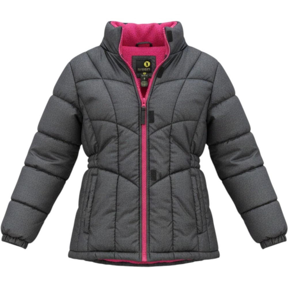 Xersion‎ Girls Puffer Jacket XL 16 Gray Pink Fleece Lined Hooded Winter Coat